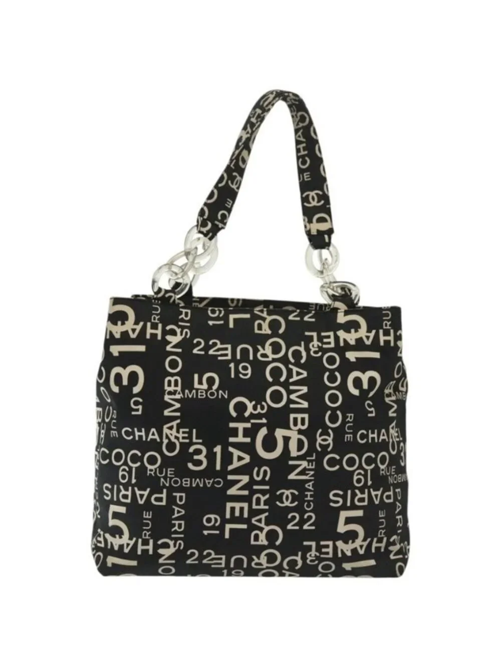 Authentic CHANEL Bysy Line Shoulder Bag Canvas Black Silver CC